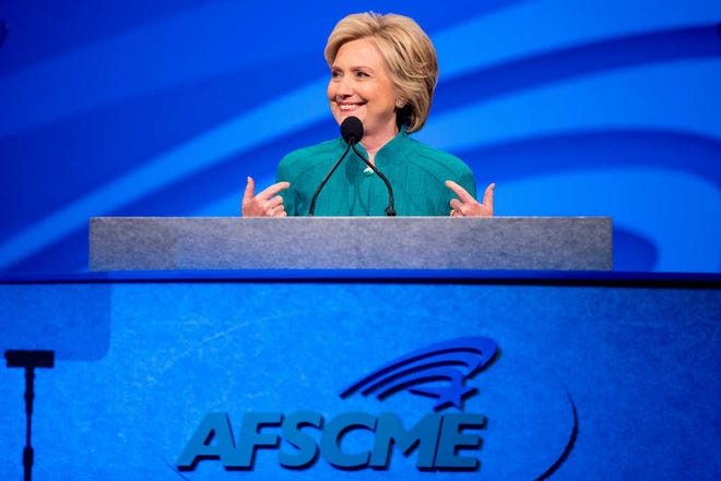 Democratic presidential candidate Hillary Clinton speaks at the American Federation of State, County and Municipal Employees 42nd International Convention at the Las Vegas Convention Center on Tuesday.