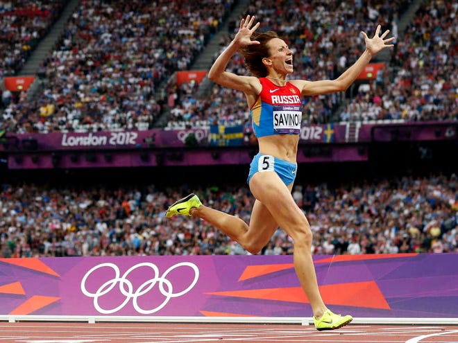 Russia's Mariya Savinova crosses the finish line to win gold in the women's 800-meter final in the 2012 Olympics in London.