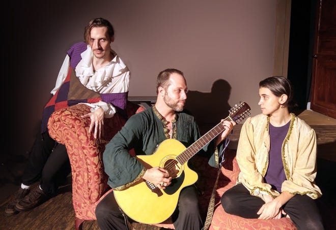 "Twelfth Night, or What You Will" features a cast that includes, from left, Ryan Donaldson as Feste, Adam Lishawa as Orsino, and Milo Brooks as Viola at the Acrosstown Repertory Theatre through July 31. (Submitted photo by Carolyne Salt)
