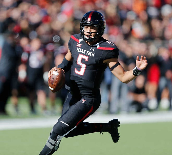 Texas Tech quarterback Patrick Mahomes II runs near the goal line during the Red Raiders' game against Oklahoma State on Oct. 31, 2015.