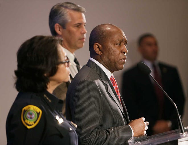 Houston Mayor Sylvester Turner speaks to the media during a press conference, Thursday, July 21, 2016, in Houston. Officials in Houston released video footage Thursday, taken from the body camera of one of the officers showing police officers shooting Braziel, who police said had been holding a gun while standing in a street. (Mark Mulligan/Houston Chronicle via AP)