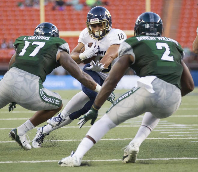 UC Davis running back Manusamoa Luuga (10) led the Aggies in rushing, receiving and touchdowns last season. He is seen here against Hawaii linebackers Lance Williams (17) and Jerrol Garcia-Williams during the first half of a Sept. 19 game in Honolulu. (AP Photo/Eugene Tanner)