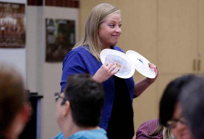Master teacher Maggie Cooper instructs educators during an Oklahoma Energy Resources Board workshop Thursday at Jenks High School. [Photo by Cory Young, Tulsa World]