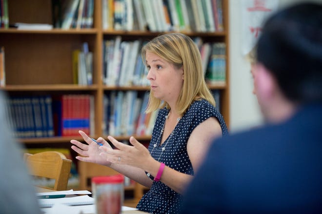 Chesterfield Board of Education member Andrea Katz speaks during a roundtable discussion with state Sen. Stephen Sweeney at Chesterfield Elementary School on July 15, 2016. Sweeney has been touring the state to gain support for his education funding formula.
