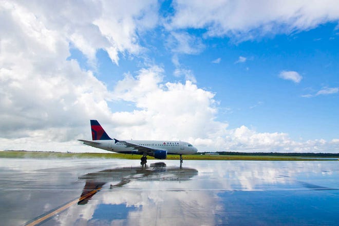 Courtesy of Savannah/Hilton Head International Airport A Delta jet sits on the tarmac in Savannah. Delta ranks third overall in on-time arrival percentages, according to the Department of Transportation.