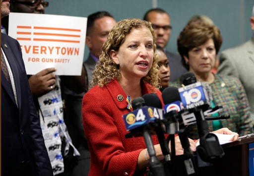 FILE - In a Tuesday, July 5, 2016 file photo, Congresswoman Debbie Wasserman Schultz, D-Fla., speaks during a news conference, in Fort Lauderdale, Fla. On Sunday, July 24, 2016, Wasserman Schultz announced she would step down as DNC chairwoman at the end of the party's convention. Her resignation follows the leak of some 19,000 emails, presumably stolen by hackers and posted to the website Wikileaks, that suggest the DNC favored Hillary Clinton over Bernie Sanders. (AP Photo/Lynne Sladky, File)