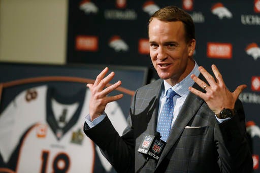 FILE - In this March 7, 2016, file photo, Denver Broncos quarterback Peyton Manning speaks during his retirement announcement at the teams headquarters in Englewood, Colo. The NFL says it found no credible evidence that Peyton Manning was provided with HGH or other prohibited substances as alleged in a documentary by Al-Jazeera America last fall. (AP Photo/David Zalubowski, File)