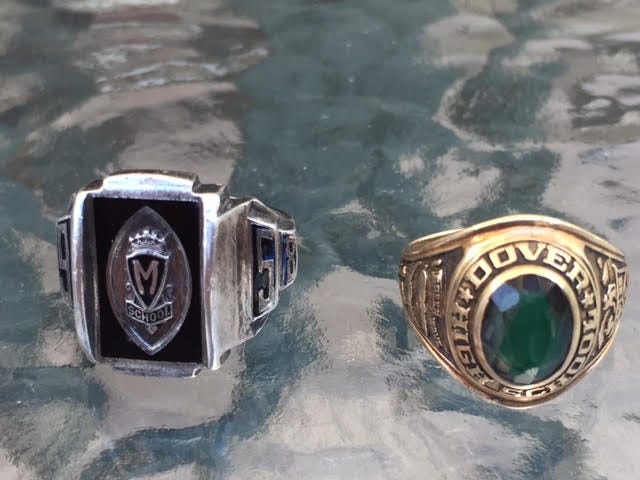 Thomas Hourihan received his St. Mary's Academy Class of 1958 ring, left, the day after he spoke to Bill Sylvia about the discovery of a Dover High School Class of 1966 ring, right. Photo/courtesy of Thomas Hourihan