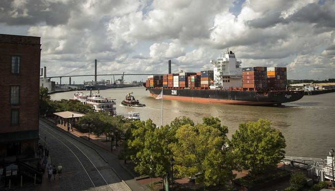 Stephen B. Morton Associated Press The container ship Zim Istanbul makes its way up the Savannah River past River Street. Total cargo moving through Georgia's seaports dipped over the past 12 months.