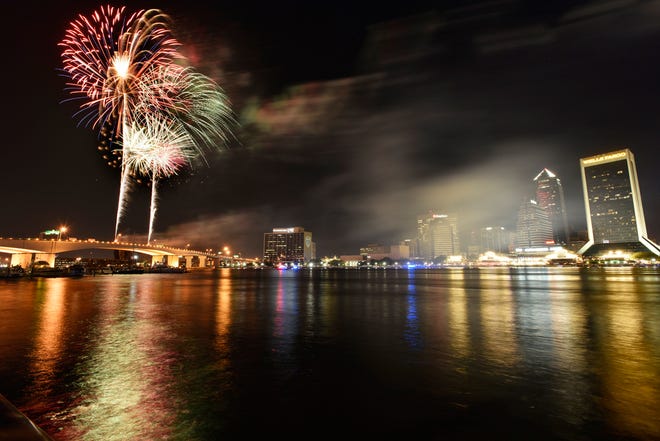 Fireworks light up the night sky over the St. Johns River Monday, July 4, 2016 in downtown Jacksonville. The Jacksonville Landing and Budweiser will sponsor a free fireworks show Saturday, July 30.