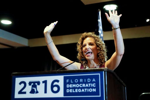 DNC Chairwoman Debbie Wasserman Schultz, D-Fla., speaks during a Florida delegation breakfast on Monday in Philadelphia, during the first day of the Democratic National Convention.