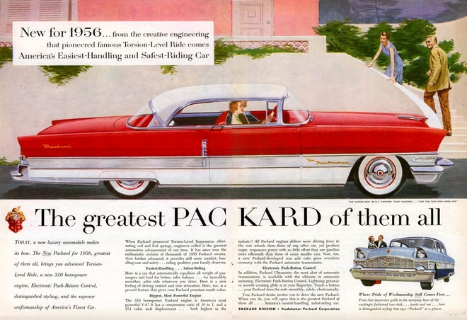 Here’s one of the nicest looking Packards for 1956, the Packard 400 sport coupe. By 1959, Packard would be gone as a car brand thanks to the failure of the Studebaker-Packard merger of 1954. (Compliments former Studebaker-Packard Company)