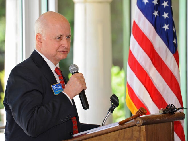 State attorney candidate Wesley White speaks during a June 22 luncheon.