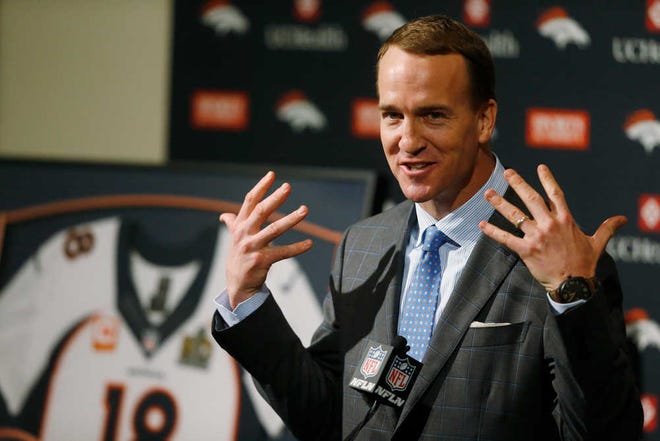 Denver Broncos quarterback Peyton Manning speaks during his retirement announcement in March. On Monday, the NFL announced it found no credible evidence that Manning was provided with HGH or other prohibited substances as alleged in a documentary by Al-Jazeera America last fall.