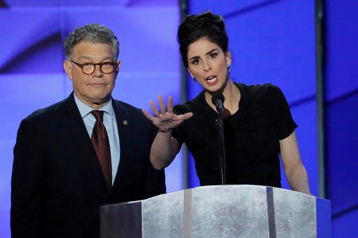 Sen. Al Franken, D-Minn., and comedian Sarah Silverman speak during the first day of the Democratic National Convention in Philadelphia , Monday, July 25, 2016. (AP Photo/J. Scott Applewhite)
