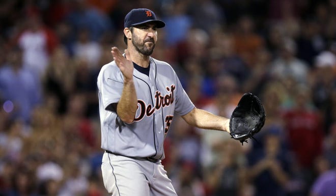 Justin Verlander of the Tigers reacts after striking out Travis Shaw of the Red Sox to end the top of the sixth inning on Monday night.