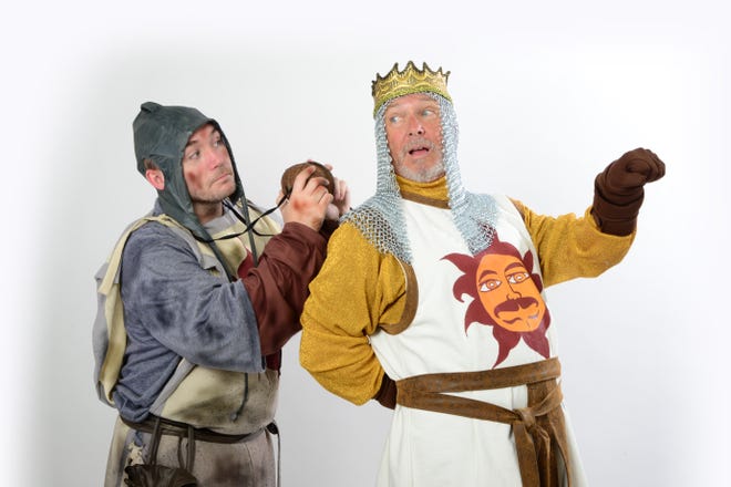 Patsy (Donald Fields), left, and King Arthur (Mike Funero), enjoy a moment in th eAthens Theatre production of "Monty Python's Spamalot." Fogleman Studio