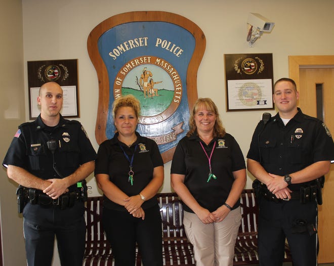 PHOTO BY GEORGE AUSTIN/THE SPECTATOR/SCMG

Staff at the Somerset Police Department who are teaching a Rape Aggression Defense (R.A.D.) class are, from left to right, patrolman Michael DeMoranville, dispatchers Darcy Franco and Dawn Pascoal and patrolman James Cardella.