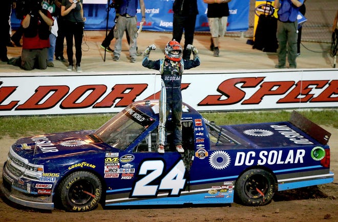 Kyle Larson celebrates his NASCAR Camping World Truck Series victory at Eldora Speedway. Unfortunately, that win doesn't help him in the Cup Series, where he sits on the Chase bubble in points. GETTY IMAGES/SEAN GARDNER