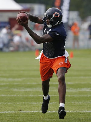 Chicago Bears wide receiver Alshon Jeffery catches a ball during practice at the teams training camp at Olivet Nazarene University, in Bourbonnais on Thursday. (AP Photo/Nam Y. Huh)