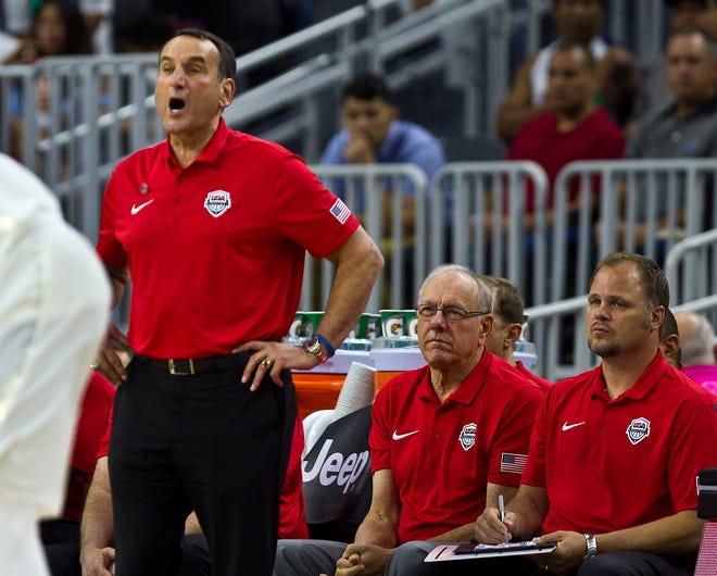 U.S. coach Mike Krzyzewski yells during the team's exhibition basketball game against Argentina on Friday, July 22, 2016, in Las Vegas. The United States won 111-74. (AP Photo/L.E. Baskow)