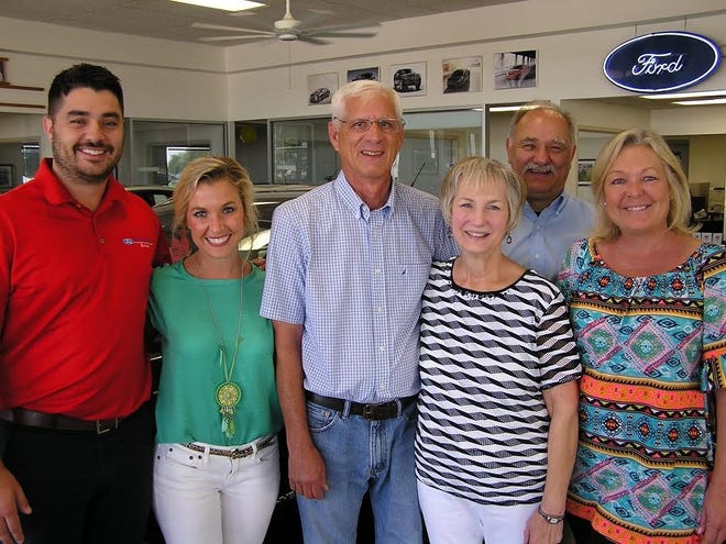 The Jim Xamis Ford family celebrated the retirement of longtime Lincoln resident Jeanne Leich, formerly the dedicated Title Clerk at the dealership, on her last day of work Wednesday. Pictured above, left to right, are: Matthew Xamis, Christina Xamis, Gary Leich, Jeanne Leich, Jim Xamis and Cathy Xamis. Photo submitted.