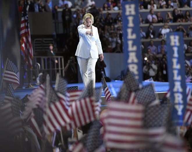 Democratic presidential nominee Hillary Clinton takes the stage during the final day of the Democratic National Convention in Philadelphia on Thursday.

AP Photo/Mark J. Terrill