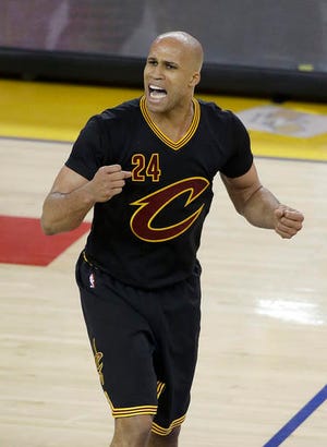 File-This June 13, 2016, file photo shows Cleveland Cavaliers forward Richard Jefferson (24) reacting to a call during the second half of Game 5 of basketball's NBA Finals against the Golden State Warriors in Oakland, Calif. Jefferson has re-signed with the NBA champion Cavaliers for two seasons after saying he would retire. Jefferson announced his return earlier this month on his Snapchat account, and the team made it official Thursday, July 28, 2016.
(AP Photo/Eric Risberg, File)