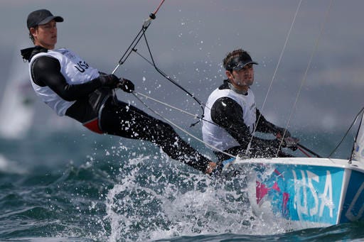 FILE - In this Aug. 4, 2012, file photo, United States' Stuart McNay and Graham Biel, left, compete during the 470 class race at the Summer Olympics in Weymouth and Portland, England. The American sailors with the best chances of medaling in Rio are the women's 470 crew of Annie Haeger and Briana Provancha; the men's 470 crew of McNay and David Hughes of Miami; and Laser Radial sailor Paige Railey. (AP Photo/Bernat Armangue, File)