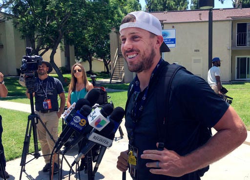 Rams quarterback Case Keenum talks to the media after reporting to training camp in Irvine, Calif. on Thursday, July 28,2016. The Los Angeles Rams' veterans gathered in Orange County for the start of a five-week residency at UC Irvine while their permanent in-season home is built in Thousand Oaks. They'll have plenty of time together to prepare for their homecoming season in California. (AP Photo/Greg Beacham)
