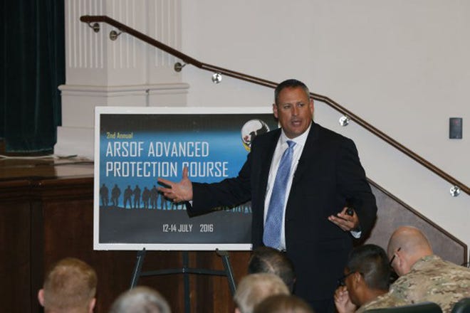 Supervisory Special Agent James Green, Federal Bureau of Investigation Active Shooter Unit, spoke about active shooter awareness and preparedness during the Army Special Operations Forces Advanced Protection Course, at the U.S. Army John F. Kennedy Special Warfare Center and School's JFK Auditorium, July 12. This course is intended as a "master's-level" program for USASOC's protection professionals, while also serving to renew the certificates for those who needed it.
