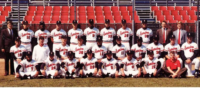 Easton native Steve Adams (top row, #33, 5th from right) played for the Harrisburg Senators, the AA affiliate of the Pittsburgh Pirates in 1989. Adams, a 1981 graduate of Oliver Ames High School, played for six years in the Pirates’ system.

COURTESY PHOTO