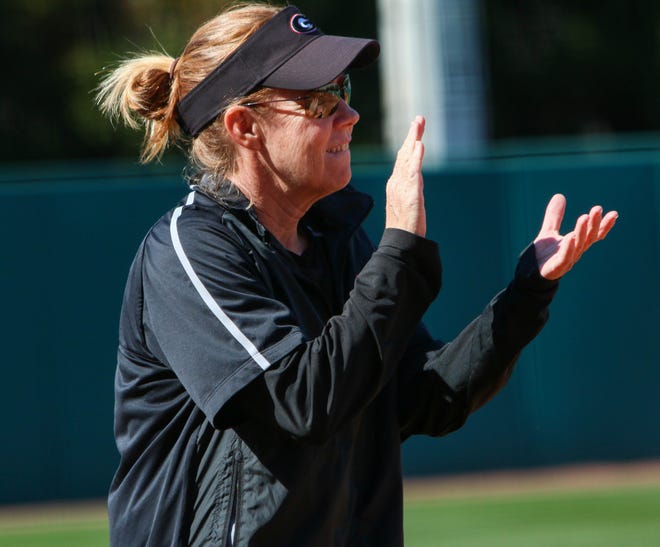 Georgia head coach Lu Harris-Champer cheers on her team during an NCAA softball game between Georgia and Minnesota at Jack Turner Stadium on March 5, 2016 in Athens, Ga.(Photo by Emily Selby/UGA Sports Communications)