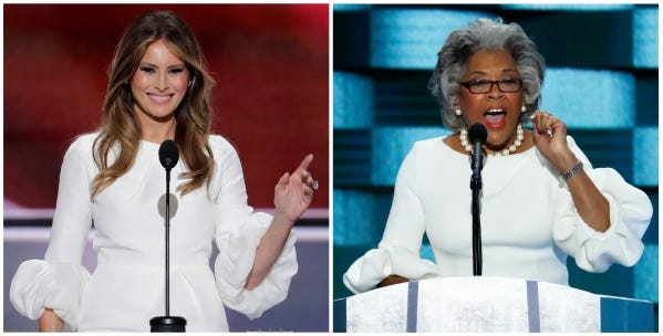 Melania Trump, left, speaks at the Republican National Convention in Cleveland last week, and U.S. Rep. Joyce Beatty, right, speaks at the Democratic National Convention in Philadelphia. Those watching noted that the dresses look alike, though Beatty said she did not watch Trump's speech and that her husband chose her dress.