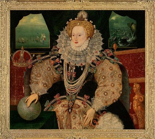 This undated handout photo released by The Art Fund shows the Armada Portrait of Britain's Queen Elizabeth I. A rare 16th century portrait of Queen Elizabeth I will become public property after a donations appeal raised 10 million pounds ($13 million) to keep it in Britain. The "Armada Portrait" commemorates England's 1588 triumph over an invading Spanish armada. Behind her, the Spanish fleet is shown wrecked in a storm. The painting - one of three copies to survive by an unknown artist - was owned by descendants of sailor Francis Drake, who decided to sell it. (The Art Fund via AP)