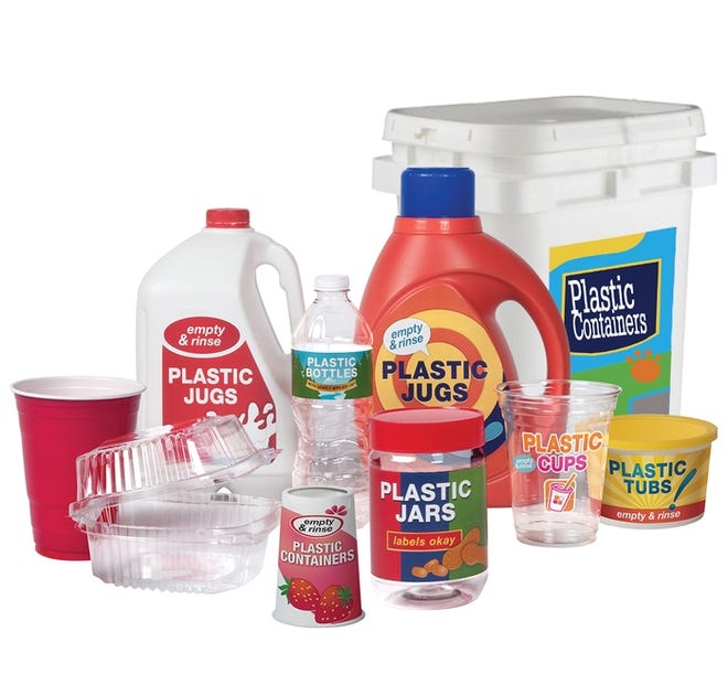 Except for containers that held hazardous fluids, all plastic containers can by recycled.
