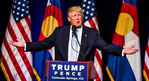 Republican presidential candidate Donald J. Trump speaks Friday, July 29, 2016, in Colorado Springs, Colo. (Stacie Scott/The Gazette via AP)