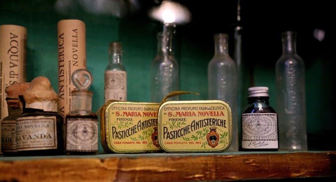 Antique pills that promised to cure hysteria-related complaints, at the Santa Maria Novella pharmacy in Florence, Italy, that was founded by Dominican friars in the 13th century. You can't buy anti-hysterical pills today, but you can find a wide variety of perfumes and other products. 



Michelle Locke via AP