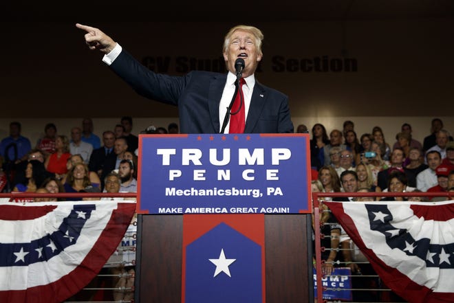 Republican presidential candidate Donald Trump speaks during a campaign rally at Cumberland Valley High School, Monday, Aug. 1, 2016, in Mechanicsburg, Pa. (AP Photo/Evan Vucci)