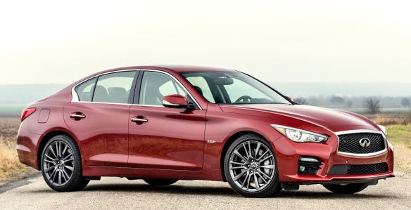 Infiniti’s 2016 Q50 lineup has five models, including a gas-electric hybrid, in several trim levels, and each is available with rear- or all-wheel drive. The base Q50 2.0t has a 208HP turbo Four; the range-topping Red Sport 400 comes with a 400HP twin-turbo Six. Starting prices range from $34,000 to $50,000. (Infiniti)