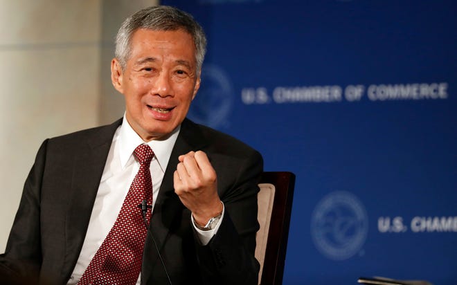 Singapore Prime Minister Lee Hsien Loong speaks at the U.S. Chamber of Commerce during a reception and discussion, Monday, Aug. 1, 2016 in Washington. Prime Minister Lee discussed the Trans Pacific Partnership, TPP, and other topics. (AP Photo/Alex Brandon)