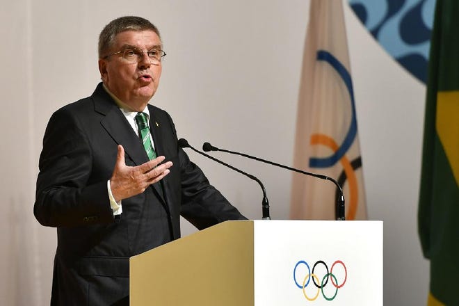 International Olympic Committee (IOC) President Thomas Bach speaks during the opening ceremony of the 129th International Olympic Committee session, in Rio de Janeiro on August 1, 2016, ahead of the Rio 2016 Olympic Games. (Fabrice Coffrini/Pool Photo via AP)