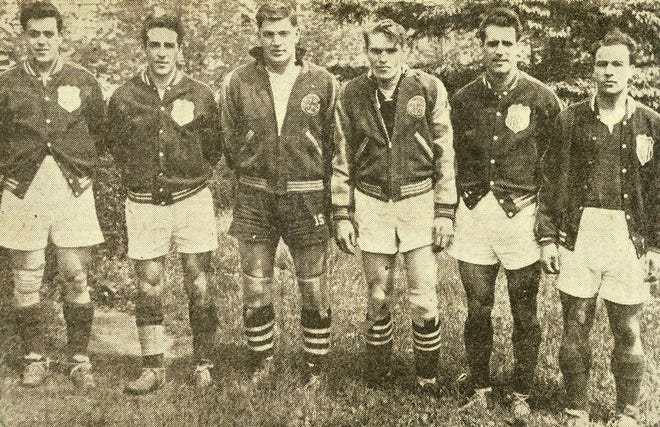 Ed Souza, left, Manuel Martin, second from left, Joe Rego-Costa, second from right, and Joe Ferreira, far right, all had Fall River connections and all played, along with Clarkie Souza (not pictured) on the 1948 U.S. Olympic team.