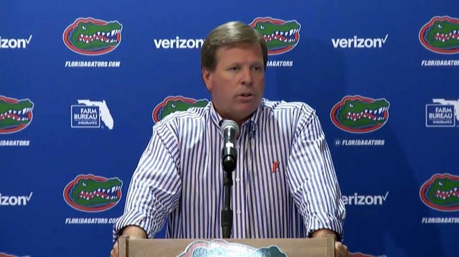 This image from Florida Gators video shows coach Jim McElwain at a press conference Wednesday.