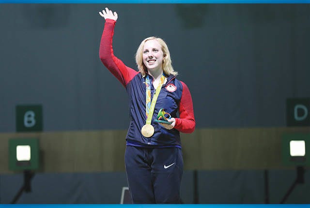 Aug 6, 2016; Rio de Janeiro, Brazil; Virginia Thrasher (USA) celebrates winning the gold medal in the 10m air rifle competition at Olympic Shooting Centre.