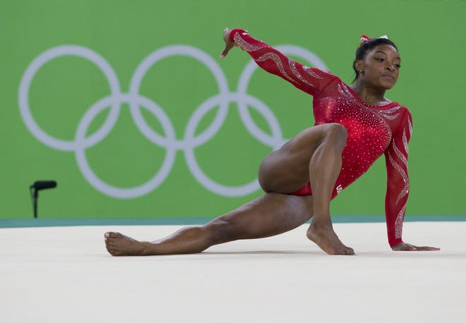 United States' Simone Biles trains on the floor exercise ahead of the 2016 Summer Olympics in Rio de Janeiro, Brazil.AP PHOTO BY REBECCA BLACKWELL