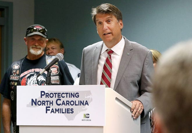 McCrory speaks about HB2 at an event in Gastonia July 21.