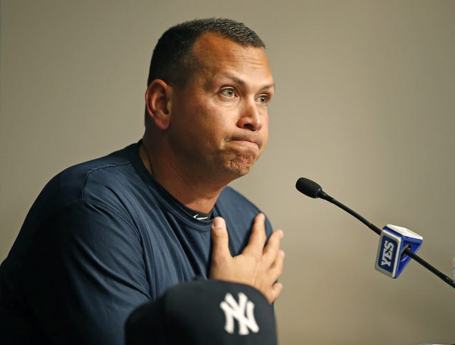 New York Yankees designated hitter Alex Rodriguez announces that Friday will be his last game as a player during a news conference at Yankee Stadium in New York on Sunday. (AP Photo/Kathy Willens)