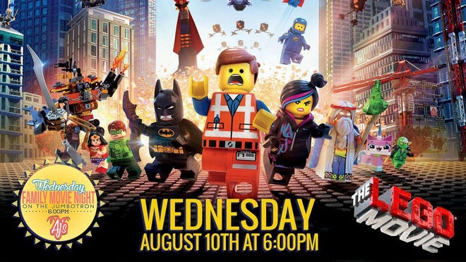 Watch The Lego Movie at 6 p.m. Aug. 10 on the Jumbotron at AJ's Seafood & Oyster Bar. Free.