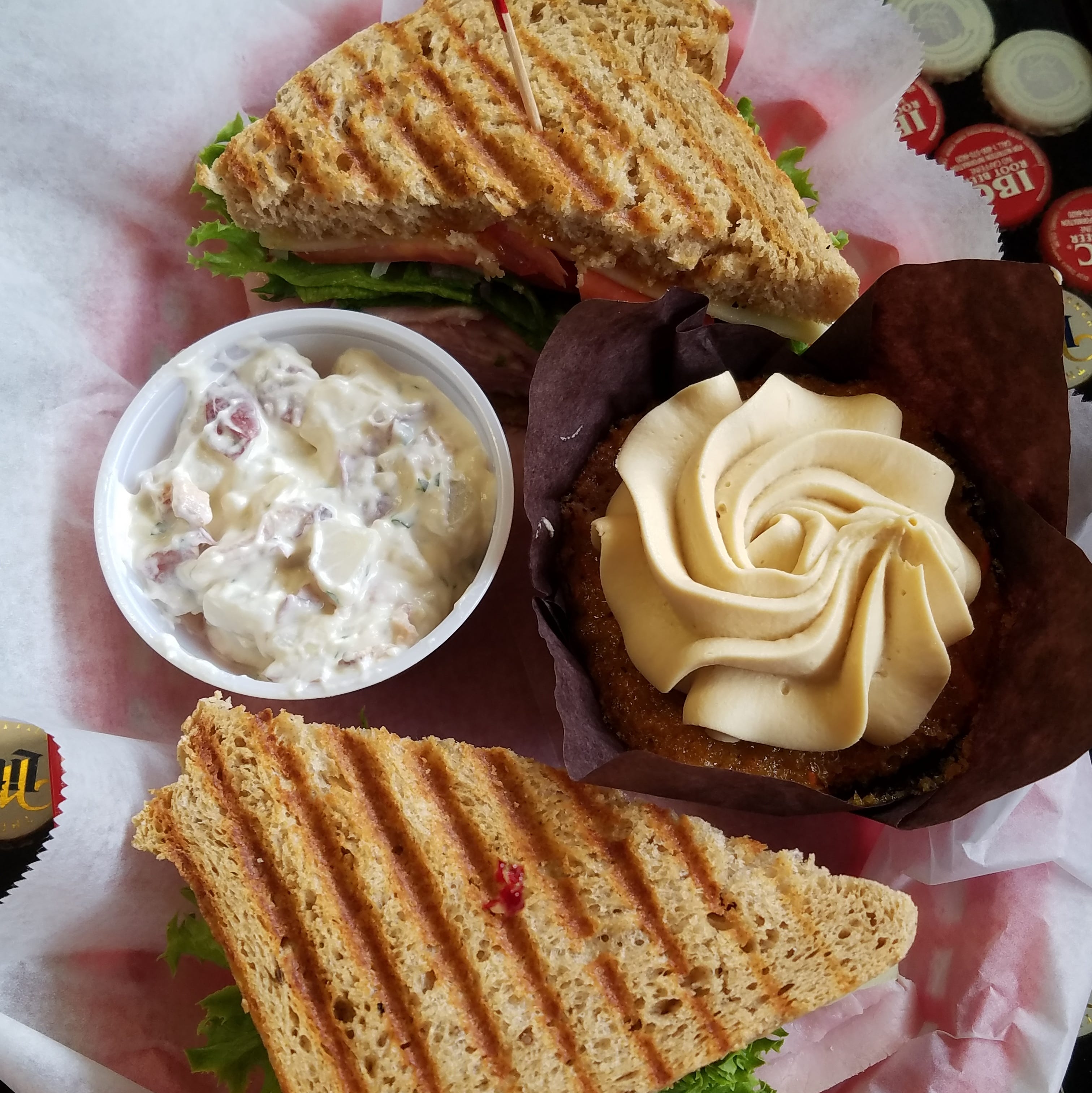 Lunch at Chef & the Baker included a ham and cheese sandwich, potato salad and a cupcake. Photo by Lisa Carrabotta.